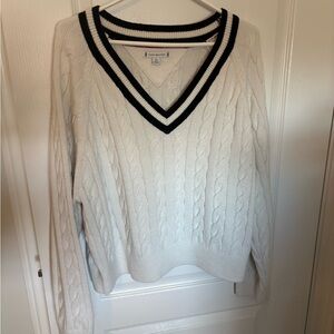 Tommy Hilfiger White V-Neck Cable Knit Sweater